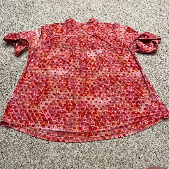 Cocomo Liquid Knit Popover Blouse Sz 1X Pink ORange Geometric Pattern Roll Tab - Picture 3 of 5